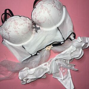 Victoria's Secret longline 32C BRA SET XS thong WHITE pink embroidered BRIDAL